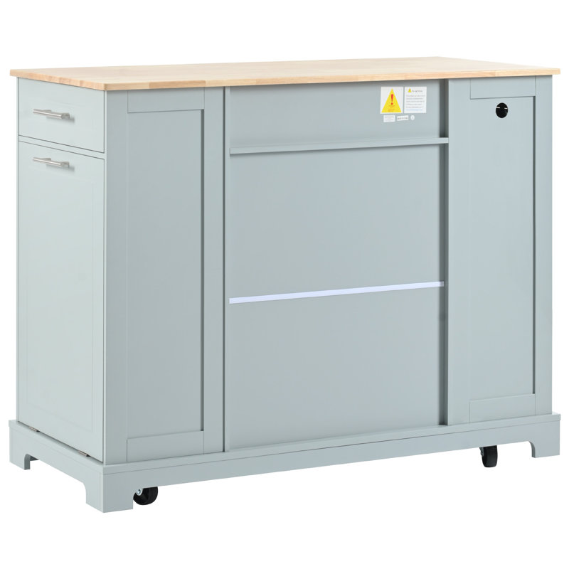 Îlot de cuisine à roulettes 49 po gris et bleu avec armoire à poubelle et prise de courant, Bleu gris