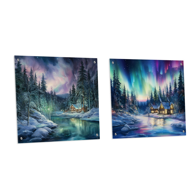 «Northern Lights Charm In Winter», ensemble de 2 verres muraux en acrylique, H 16 po x l 33 po