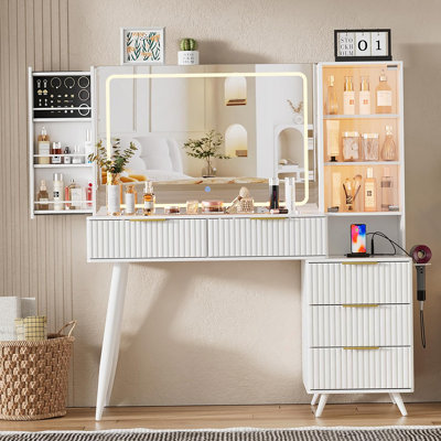 Coiffeuse avec miroir et lumières, coiffeuse avec plateau en verre, coiffeuse avec tiroirs, coiffeuse pour chambre de femme (plateau en verre blanc)