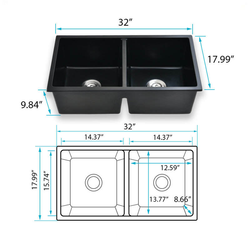 Évier de cuisine à double cuve encastrable 32 po x l 18 po avec crépine