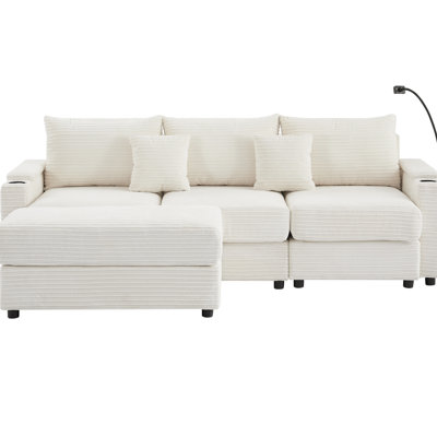 95.3" Sectional With Armrest Storage, Movable , Ports, 2 Cup Holders, Phone Mount, Beige Home Decor 3 Storage Compartments, Drink Holder, Upholstered