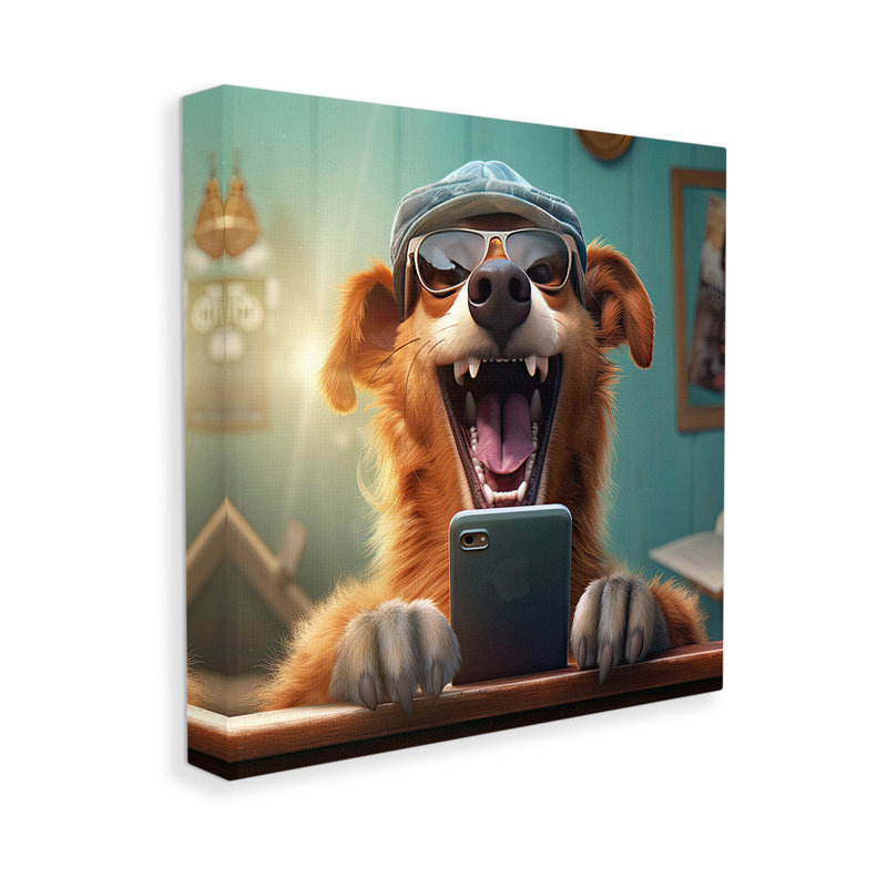 "Chien heureux sur téléphone portable" par Jim Baldwin sur toile, H 36 po x l 36 po