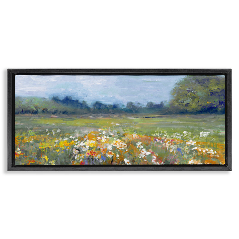 Fleurs de prairie brillantes dans la campagne, Cadre flottant noir de jais, H 11 po x l 25 po