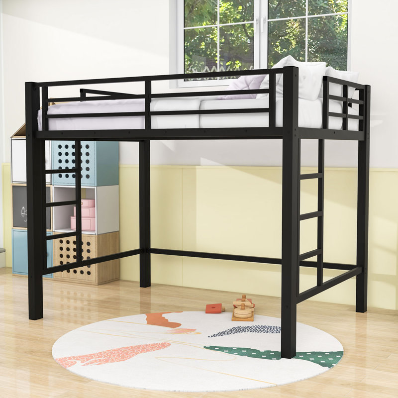 Metal Loft Bed With Dual-Side Ladders, Guardrails And Space-Saving Under-Bed Area, Full