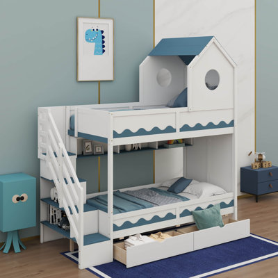 Twin-Over-Twin House Bunk Bed With Drawers, Storage Staircase Included, Castle-Themed Bed With LED Accents, Storage Shelves, And Wave Pattern