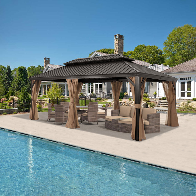 Aluminum Patio Gazebo Permanent Hardtop Gazebos, Khaki, 8 ft. x 8 ft.