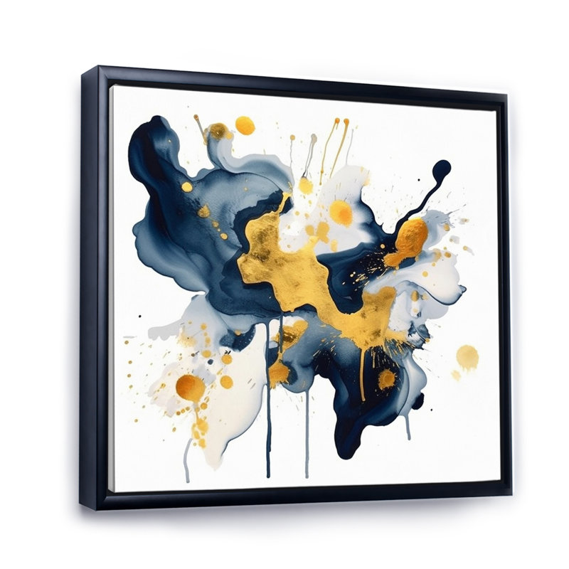 Bleu foncé et coups dorés XXII, Cadre flottant noir, H 16 po x l 16 po x P 1 po