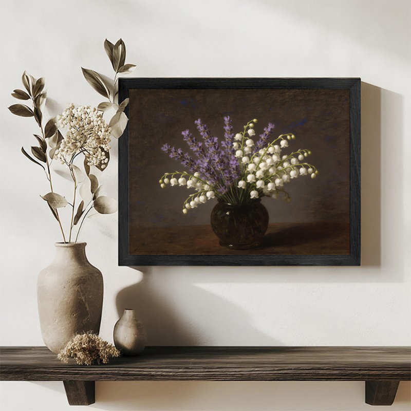 Reproduction d'art encadré noir, beau muguet et lavande dans un vase, H 25 po x l 37 po