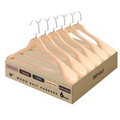  6-Pack Premium Wide Shoulder Wooden Suit Hangers, 16-Inch Heavy-Duty Solid Wood Coat Hangers for Suits & Coats(Natural Wood)