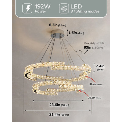 Lustre DEL à cristal à intensité variable de 80 cm (31,4 po) – Suspension moderne et luxueuse pour le salon et la salle à manger