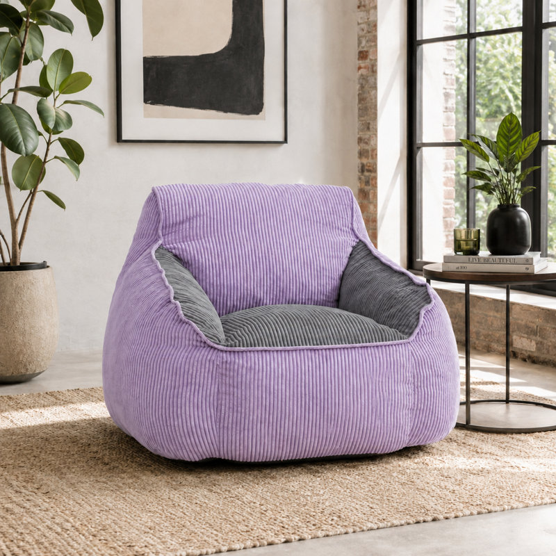 Giant Corduroy Bean Bag Lounge Chair with Armrests Oversized Comfy Lazy Sofa for Adults with Filler Included, Purple