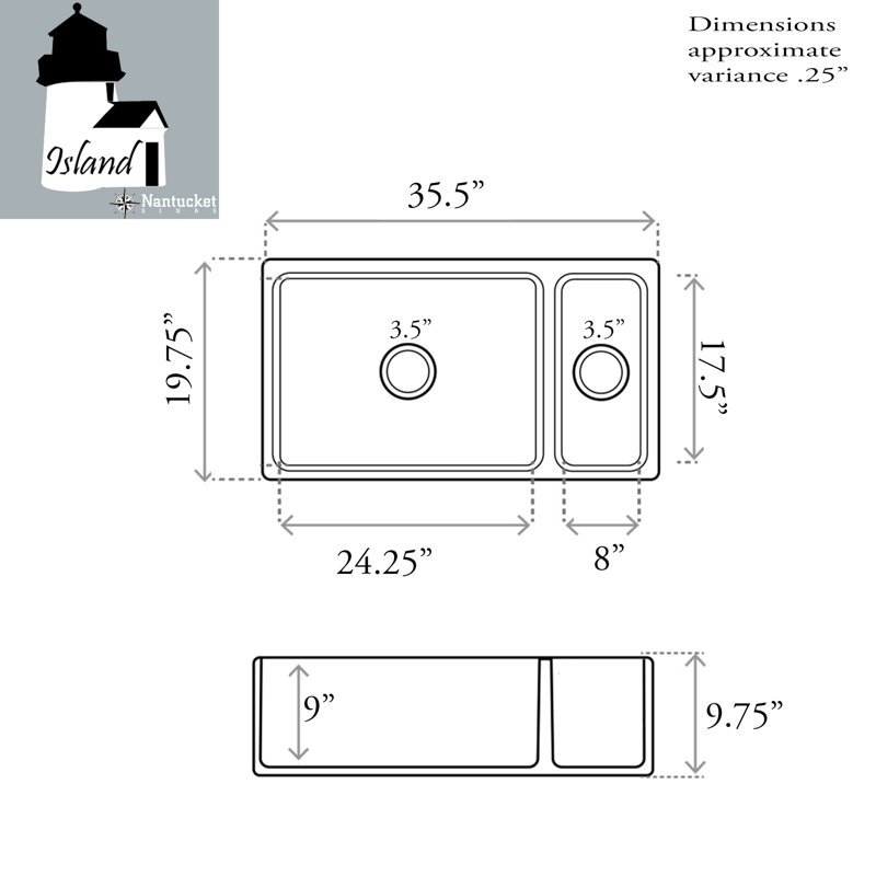 Island 35.5'' L Double Basin Kitchen Sink
