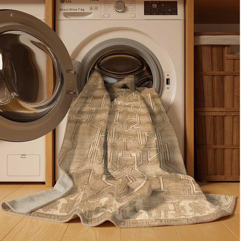 Machine Washable Art Deco Brown Area Rug, Round 6'