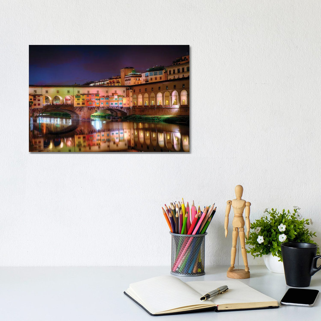 Arno River Night Reflections At Ponte Vecchio, Florence, Tuscany, Italy by George Oze - Wrapped Canvas Painting