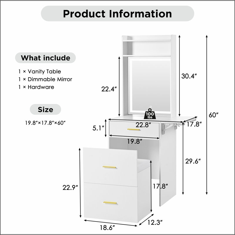 Small Vanity Desk with Mirror and Light, Dressing Table with Charging Station & Fold-up Panel for Small Space, Compact Makeup Vanity Set with Hidden Stool for Bedroom