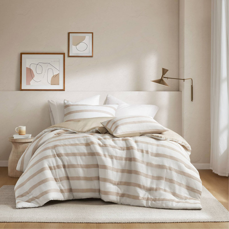 3-Piece Full/Queen Yarn-dyed striped comforter, taupe Striped