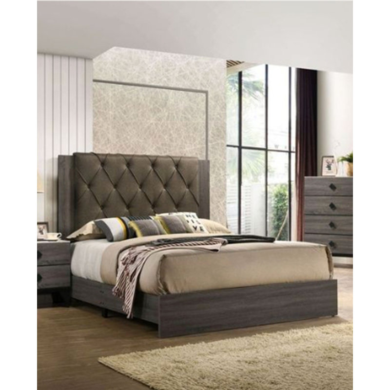 Fabric & Rustic Gray Oak Finish EK Bed