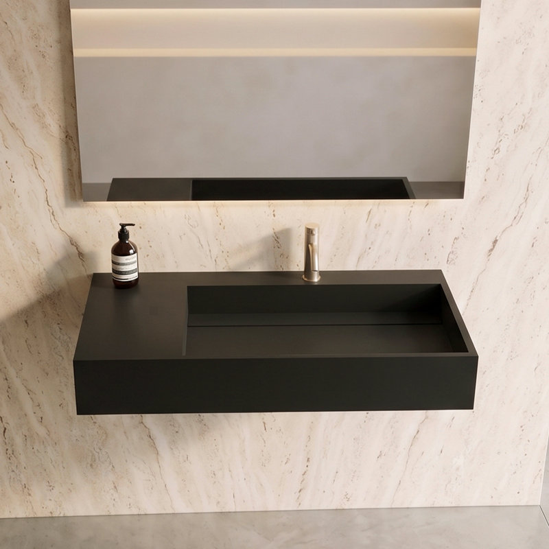 Lavabo de salle de bain mural rectangulaire 36 po avec drain dissimulé Juniper - noir, avec trou pour robinet, Noir, Simple