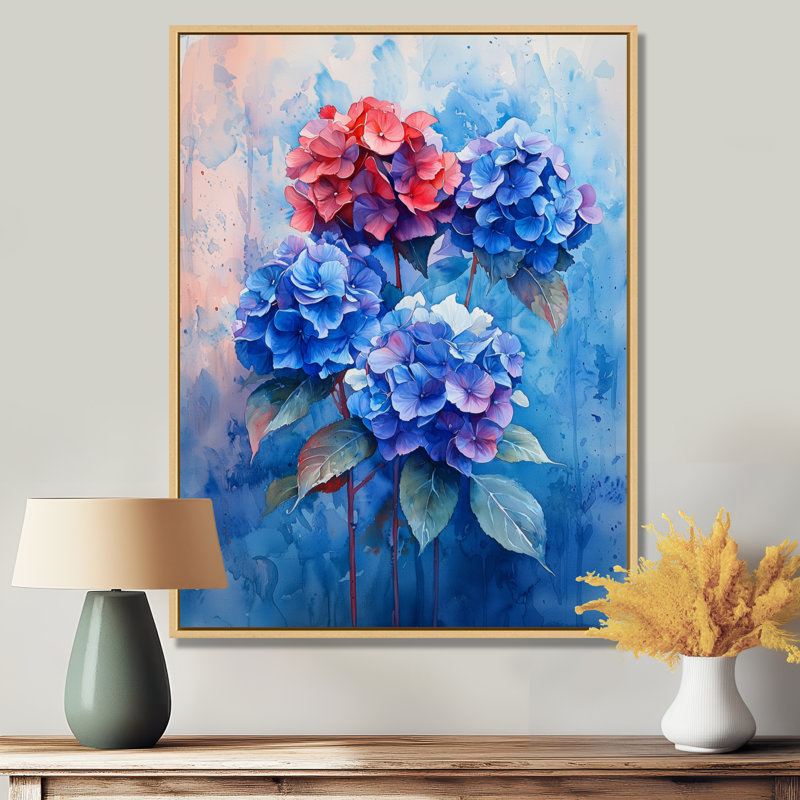 Hortensia bleu et rouge dans un style graffiti Hydrangea II - hydrangea, art mural encadré, H 32 po x l 24 po, Crème, crème