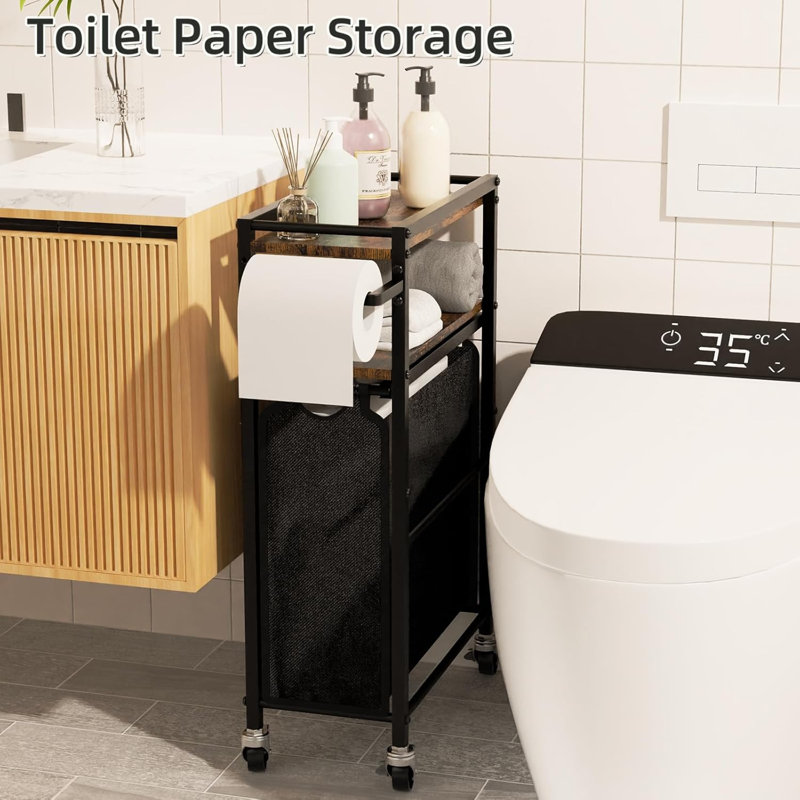 Porte-papier hygiénique avec sac de rangement (roues), organisateur de salle de bain autoportant pouvant contenir 9 rouleaux pour les petits espaces, rangement essentiel à côté de la toilette