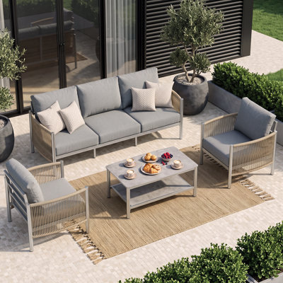 Ensemble de conversation bohème 4 pièces en aluminium pour patio extérieur avec coussins de 15 cm, canapé 3 places, 2 fauteuils et table basse