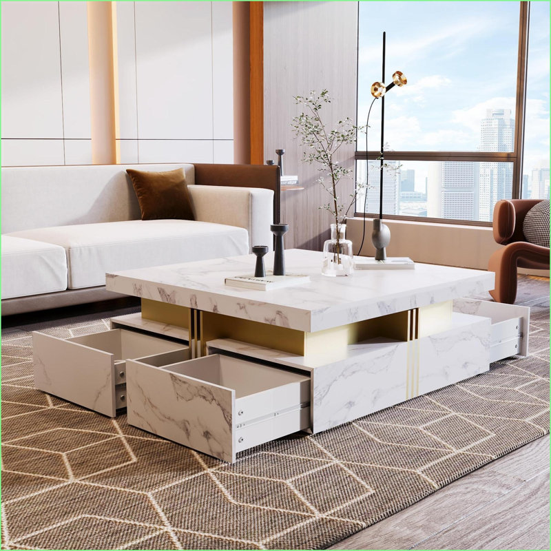 Blanc moderne Table basse carrée dorée avec 4 tiroirs en panneau de fibres à densité moyenne - capacité de 800 lb, peu encombrante pour le salon
