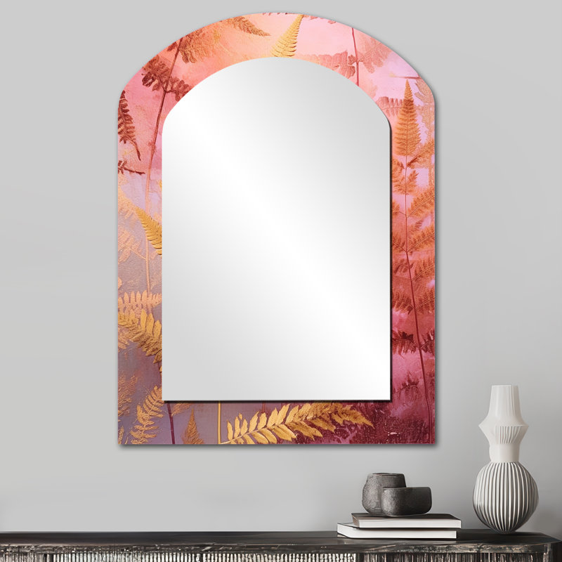 Gold Pink Fern Fonds - Floral Asymmetrical Decorative Mirror, Modern Arch Large Wall Mirror, Printed Metal Art, 34" x 25"
