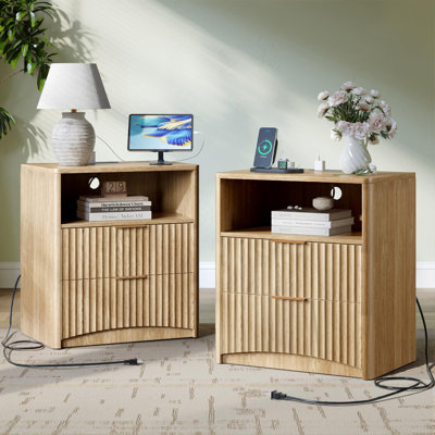 Fluted Nightstand Set Of 2 With Charging Station, Bedside Table With 2 Drawers, Wood End Table With Storage Mid Century Modern