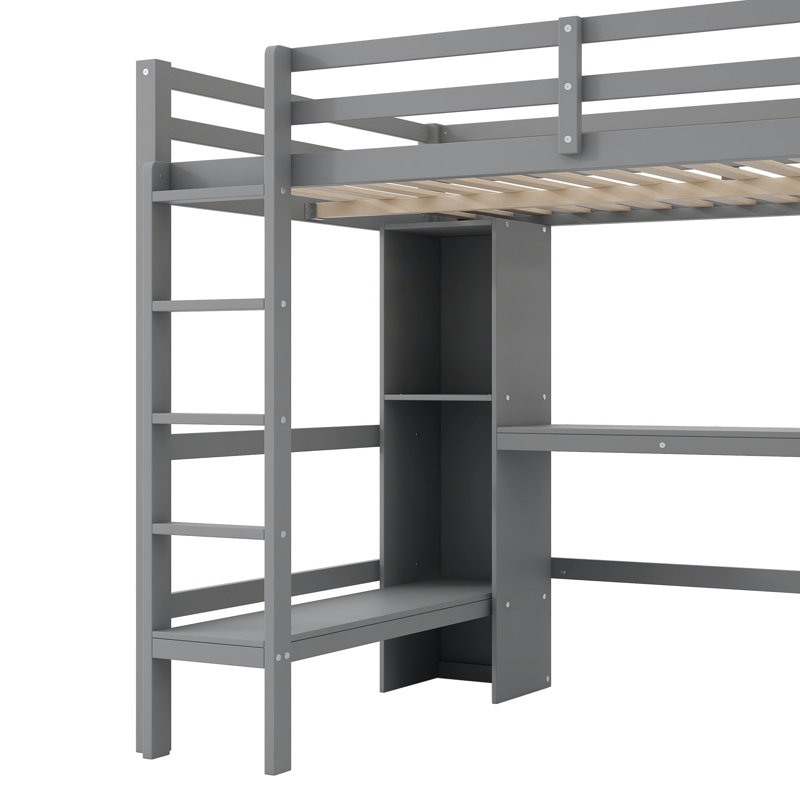Lit mezzanine double avec tablettes multifonctionnelles et bureau sous le lit, gris