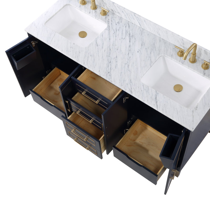Gracie 60'' Double Bathroom Vanity with Top, Carrara Marble, Pacific Blue