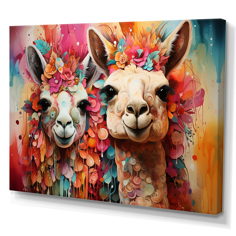 Portrait floral coloré d'alpagas moelleux - Alpaca, art mural, Toile tendue, H 34 po x l 44 po x P 1,5 po