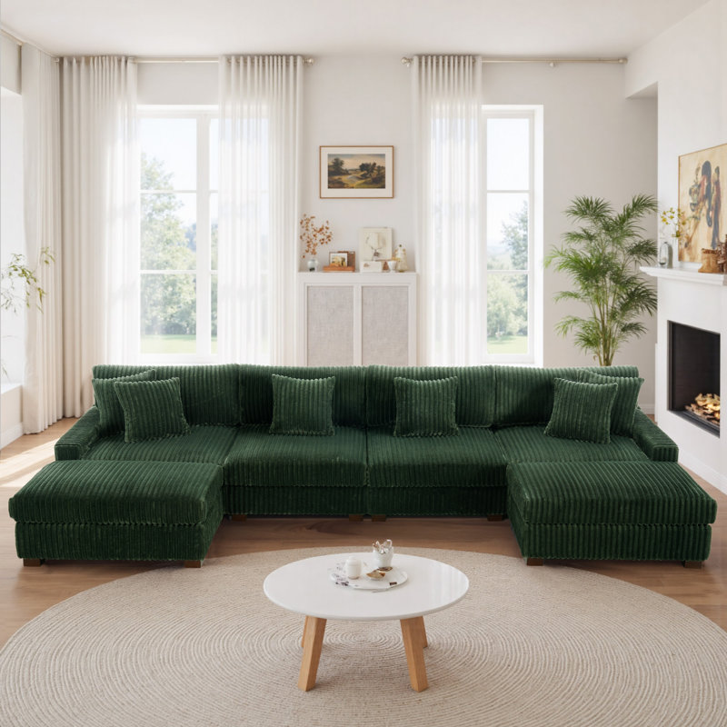 6 Seater Sectional, Green Faux Fur