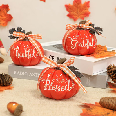 Fall Decorations,Thankful Grateful Blessed Resin Artificial Pumpkin Decor,Set of 3 -  The Holiday Aisle®, D3E34A3D3BCE418EBEF80389748F75A7