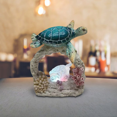 9.25"H LED Blue Sea Turtle with Conch Figurine