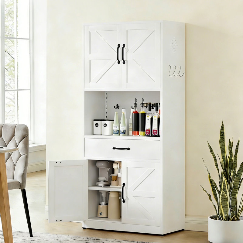Garde-manger de style campagnard en acier de 72 po avec comptoir, tablettes réglables et tiroir de cuisine rustique blanc Mak Peace