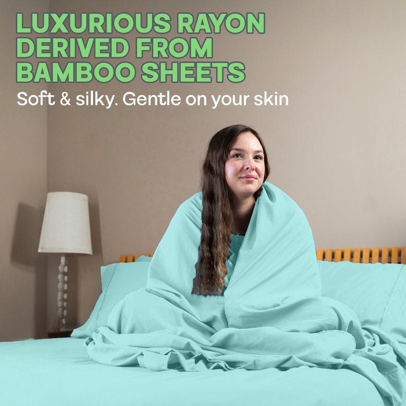 Premium Rayon From Bamboo Blend Sheet Set With Deep Pockets, Cooling and Breathable, Aqua, Queen Sheet Set with 4 Pillowcases