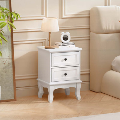 Table de chevet blanche moderne avec 2 tiroirs, table de chevet style campagne française avec pieds élégants sculptés, petite table de bout pour la chambre à coucher et le salon