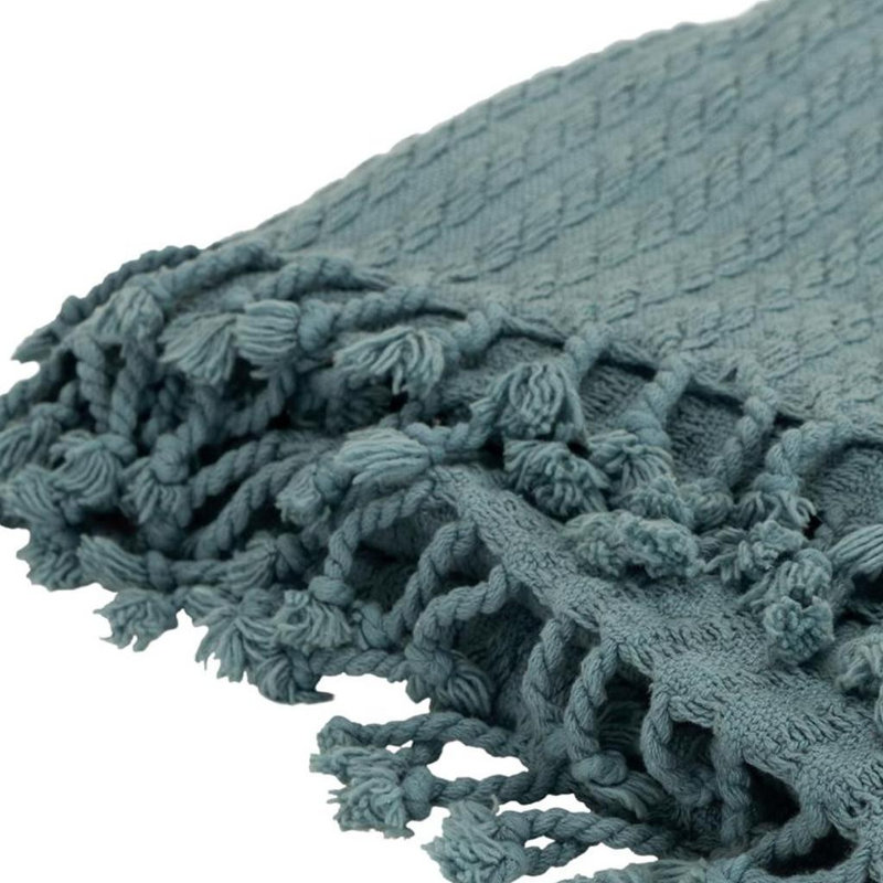 Jeté 50 "x 60" en tricot de coton bleu sarcelle avec pampilles