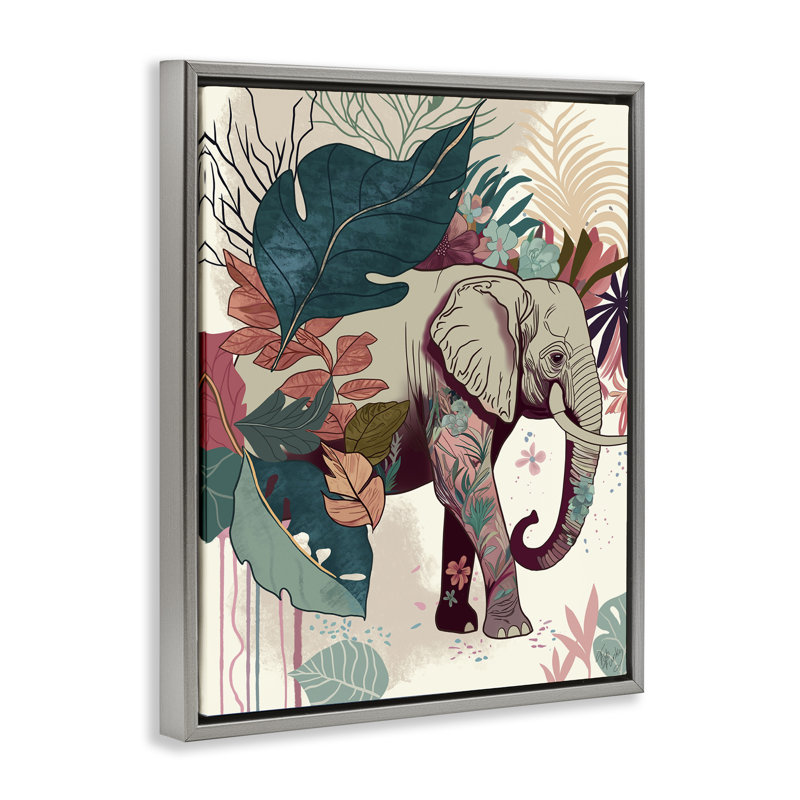 Éléphant et feuilles tropicales, art mural par Fab Funky, Cadre flottant gris lustré, H 31 po x l 25 po