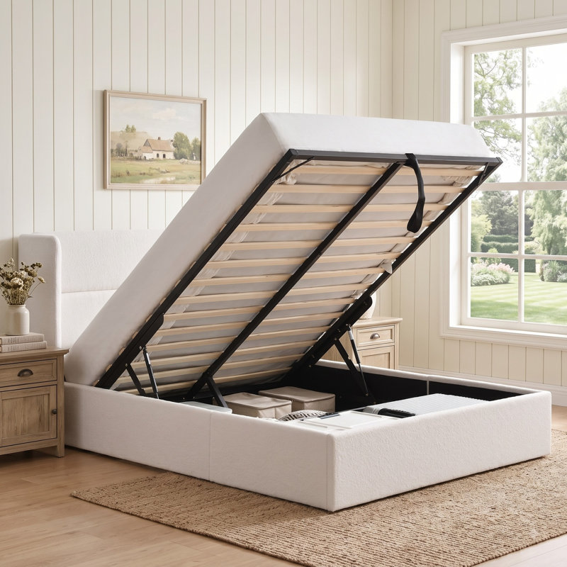 Lit plateforme tapissier avec rangement Gaillarde, Double, Blanc