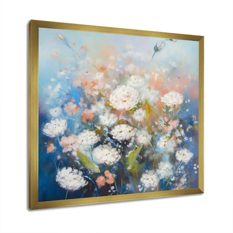 Rongstad, œillets bleus et blancs sur toile, Encadrement doré, H 36 po x l 36 po x P 1,5 po