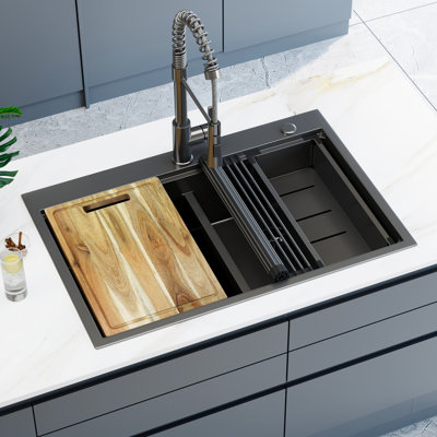 33'' Black Double Bowl Workstation Kitchen Sink W/ Pull Out Faucet 16 Gauge Stainless Steel Drop In Kitchen Sink