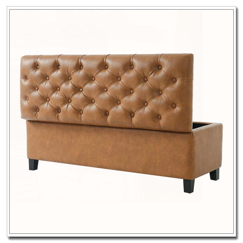 Banc repose-pieds avec rangement, surface en polyuréthane brun, pieds en bois d'hévéa, Brun + polyuréthane