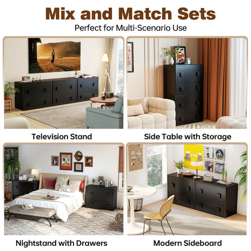31.5"W 2 Drawer Black Modern Nightstand 