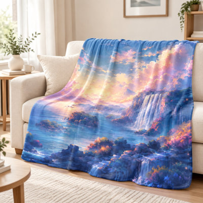 Couverture fantaisie cascade paysage serein, couleurs vives du coucher du soleil, design artistique, décor douillet, léger, respirant, toutes saisons, doux pour la peau, lavable à la machine, pour canapé, canapé, salon et chambre à coucher
