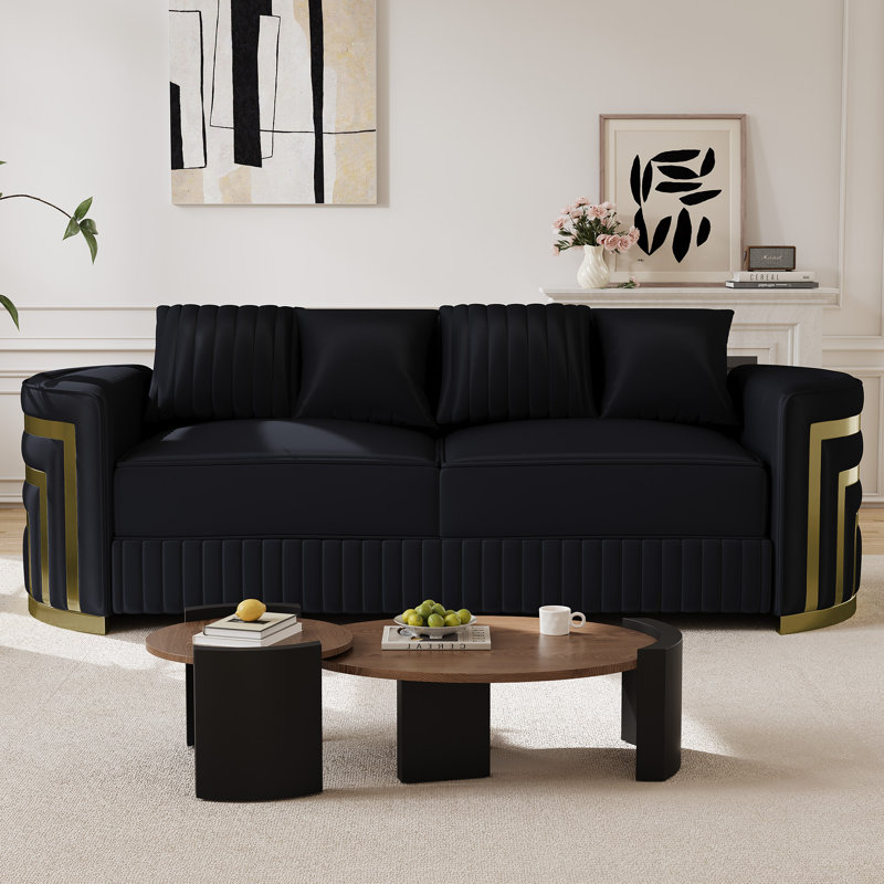  86" Modern Velvet Sofa with Crescent Gold Accent Arms Removable Cushions, Black, 29.5" H x 85.5" W x 34" D