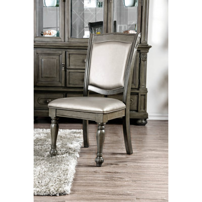 Chaises de salle à manger 2 pièces, couleur grise, bois massif, coussin de siège, pieds tournés, ornement de style classique côté magnifique de 2, siège en bois avec coussin, base
