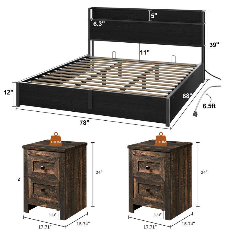 Ensemble de chambre avec très grand lit rustique et campagnard 3 pièces Tryston, noir, Très grand lit, Noir