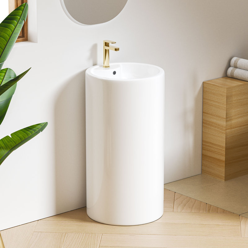 Crisp White Ceramic Round Pedestal Bathroom Sink with Overflow