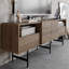 Meuble télé moderne avec option de fixation murale, noyer et noir, 70,9 po x 25,5 po x 14,6 po | 100% panneau de particules enduit de mélamine, épaisseur: 0,7 pouce | Design scandinave élégant avec de grandes tablettes pour le rangement-1343597279